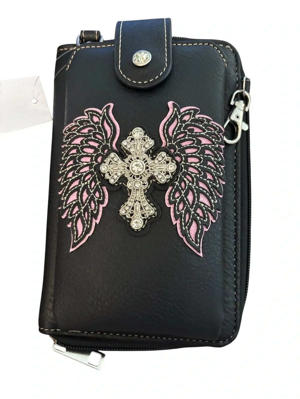 Black Vegan Leather Crossbody Phone Pouch Winged Crystal Cross Accent Wristband